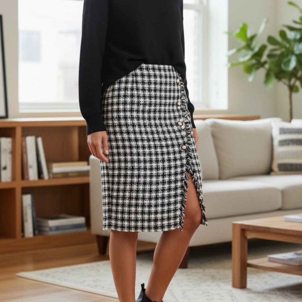 NWT By Egreis Elegant Black and White Tweed Pencil Skirt